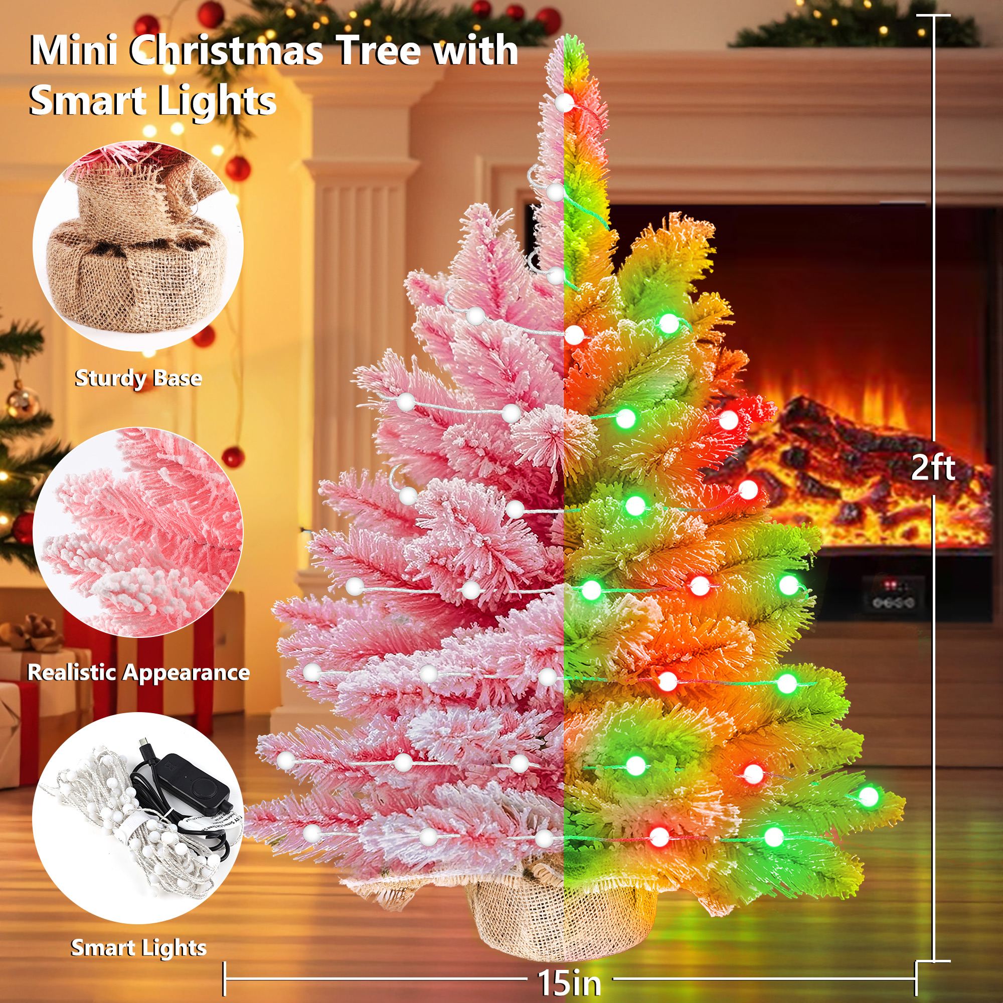 Brizled Smart Pink Mini Christmas Tree, 2ft DIY Smart-Lit Snow Flocked ...