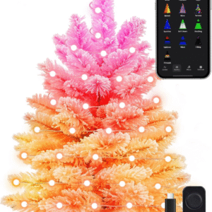 smart pink flocked christmas tree with lights Brizled Smart Pink Mini Christmas Tree, 2ft DIY Smart-Lit Snow Flocked Tabletop Xmas Tree with 100 LED RGB Light, App/Voice Control 159+ Scenes Mini Xmas Tree USB C Music Small Tree for Fireplace Desk